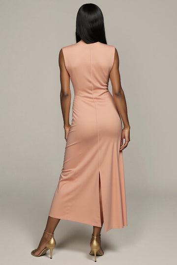 Blush Satin Sheath Round Neck Long Formal Dress with Slit
